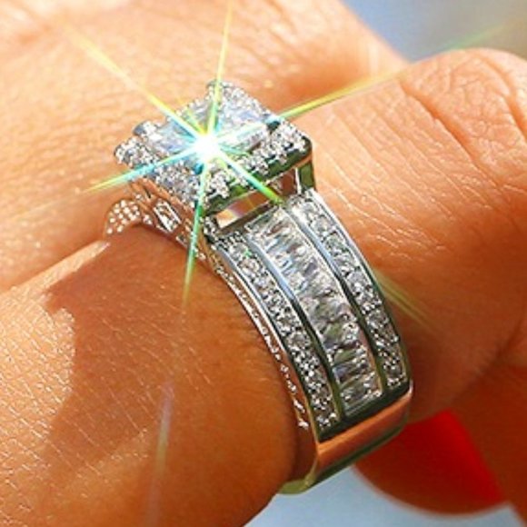 💞 Three Layer Full Zircon Square Anillos Princess Cut Rings for Women, PD194 - Picture 3 of 9